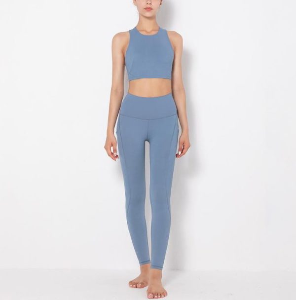 Dark Blue Beautiful Back Yoga Vest High Waist Hip Pocket Fitness Pants Sports Suit - Image 2