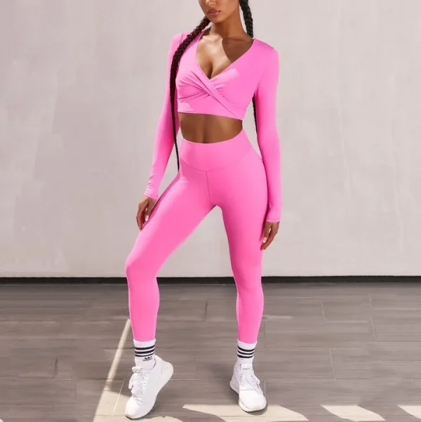 Pink Sexy V-neck Low-cut Long-sleeved Trousers Yoga Workout Suit - Image 2