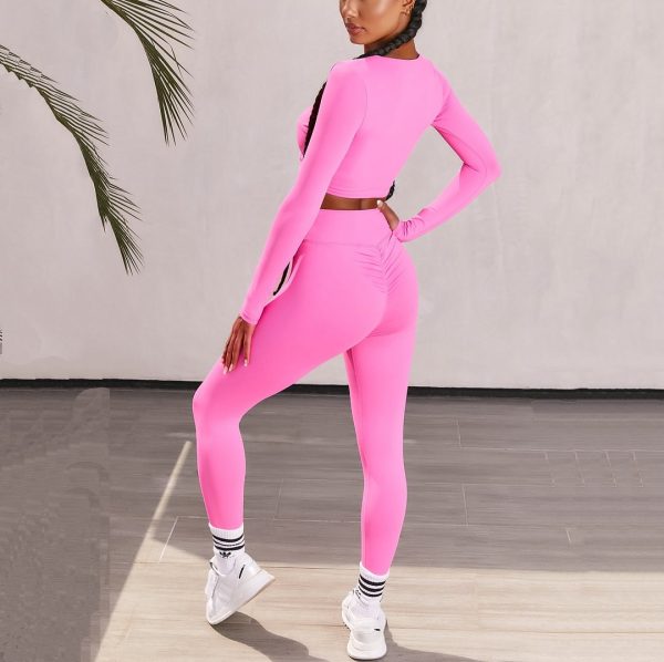 Pink Sexy V-neck Low-cut Long-sleeved Trousers Yoga Workout Suit - Image 4