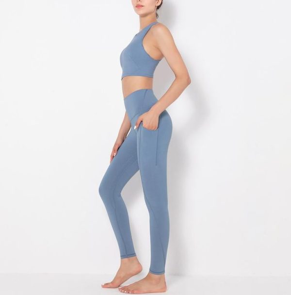 Dark Blue Beautiful Back Yoga Vest High Waist Hip Pocket Fitness Pants Sports Suit - Image 4