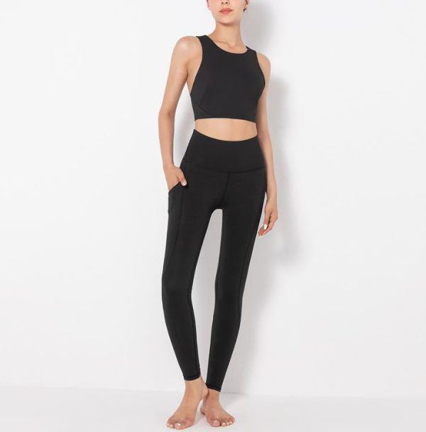 Dark Blue Beautiful Back Yoga Vest High Waist Hip Pocket Fitness Pants Sports Suit - Image 5