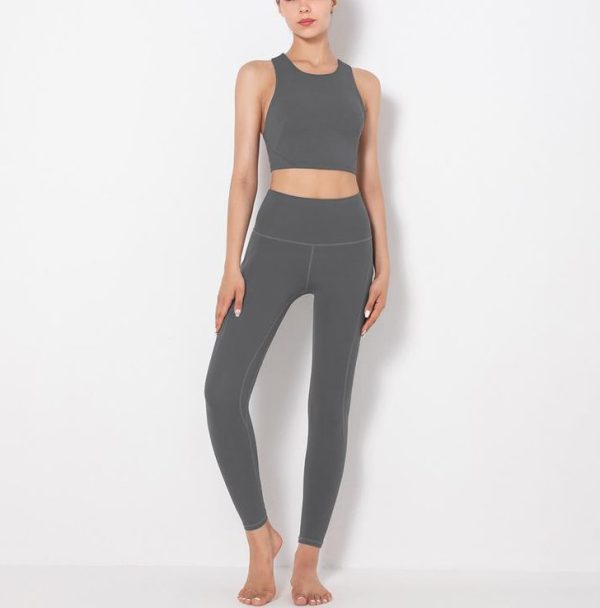 Dark Blue Beautiful Back Yoga Vest High Waist Hip Pocket Fitness Pants Sports Suit - Image 6